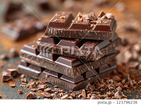 Slices of dark broken chocolate bar with cocoa on table.Macro.AI Generative. Slices of dark broken chocolate bar with cocoa on table.Macro.AI Generative. 123796236