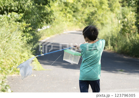 虫取りに出かける少年 夏休み 123796305