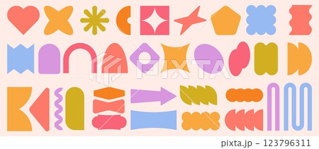 Sticker badge. Modern design elements for label, pop colorful logo design background or patch graphic package. For social media, music. Heart silhouette and star. Vector emblem isolated set Sticker badge. Modern design elements for label, pop colorful logo design background or patch graphic package. For social media, music. Heart silhouette and star. Vector emblem isolated set 123796311