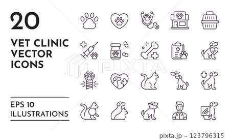 Pet icons. Vet clinic. Veterinary shop. Hospital for domestic animals. Syringe and pills. Medicine symbols. Dog and cat care. Parrot cage. Collar and carrier. Vector line pictograms set 123796315
