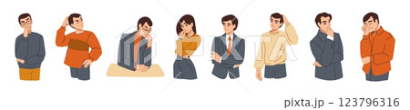 People think. Worry woman, man person with question, doubt or wonder face. Trouble guy portrait. Confused thinking male and female business characters. Vector cartoon flat isolated set 123796316
