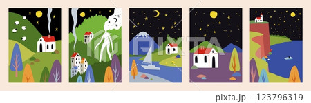 Forest background. Abstract poster with rural house. Hand drawn mountains landscape. Night starry sky. Village scenery. Farm home on hills. Nature panorama. Rural scene. Vector cards set Forest background. Abstract poster with rural house. Hand drawn mountains landscape. Night starry sky. Village scenery. Farm home on hills. Nature panorama. Rural scene. Vector cards set 123796319
