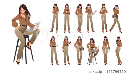 Busy woman. Office work people, executive female person. Young human pose, success professional. Businesswoman in different poses with laptop or documents. Vector cartoon flat illustration set 123796320