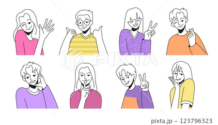 Lineart person. People communication. Greeting or solidarity good smile. Positive woman or man. Young persons avatars. Happy faces. Color line drawing. Vector illustration portraits set Lineart person. People communication. Greeting or solidarity good smile. Positive woman or man. Young persons avatars. Happy faces. Color line drawing. Vector illustration portraits set 123796323
