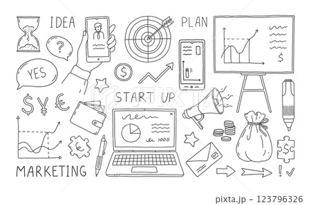 Business doodle. Startup sketch elements. Money earning. Economy profit graphic. Project presentation. Computer and smartphone screen. Productivity time. Vector art drawing icons set 123796326