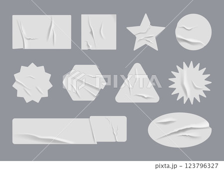Paper stickers. Round label mockup. Blank stamp texture for 3D price tag. Circular peel patch. Wrinkled surface. Geometric shapes. Folded and crumpled effect. Vector sticky badges set Paper stickers. Round label mockup. Blank stamp texture for 3D price tag. Circular peel patch. Wrinkled surface. Geometric shapes. Folded and crumpled effect. Vector sticky badges set 123796327