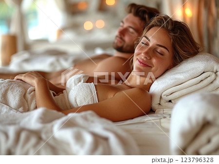 Happy young beautiful couple relaxing after massage in luxury hotel spa resort.Macro.AI Generative. 123796328
