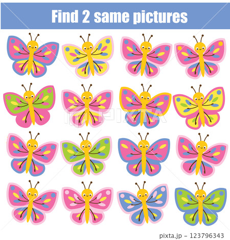 children educational game. Find the same pictures. Find two identical butterflies. fun for kids and toddlers 123796343