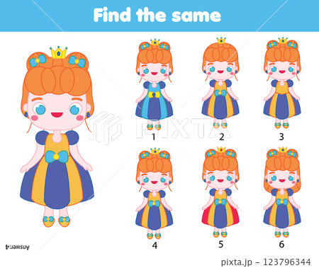 Children educational game. Find two same pictures of Cute princess Children educational game. Find two same pictures of Cute princess 123796344