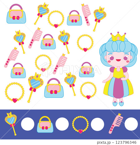 Mathematics educational children game. Study counting, numbers, addition. Princess theme kids math activity 123796346