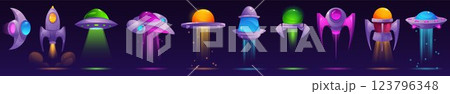 Space ship. Alien rocket, spaceship or ufo game jet. Light galaxy interface, different childish ui shuttle. Colorful vehicles for galactic explore. 3d glossy isolated vector cartoon set 123796348