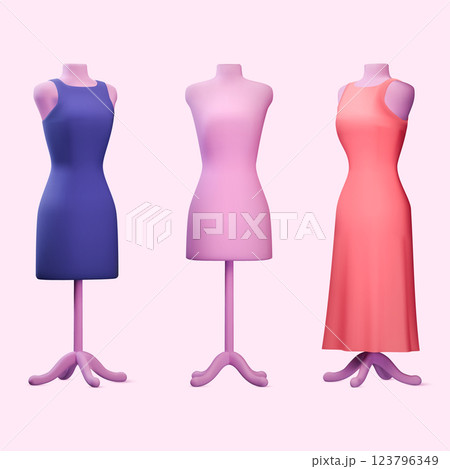 3D dress dummy. Fashion cloth sewing. Woman model shop. Beauty body doll for apparel boutique. Designer or dressmaker mannequin. Female torso manikin. Vector isolated render objects set 123796349
