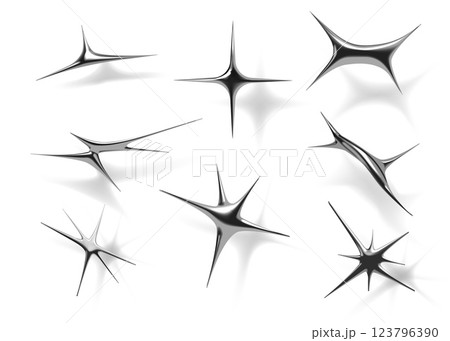 3D sparkle. Y2k brutalism spark. Future brutalist lighting twinkle star or splash silhouette. Magic explosion shapes. Aluminium blobs. Platinum or mercury spikes. Vector steel forms set 123796390