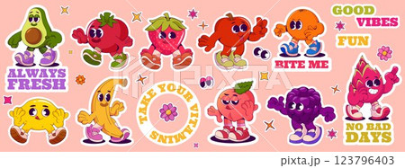 Fruit characters. Cartoon retro vegetable stickers. Funny comic avocado and strawberry. Happy vintage food groovy elements. Grocery labels. Walking banana and tomato. Vector mascots set 123796403