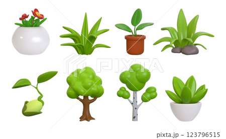 Tree 3d, nature spring grass garden from park, farm or interior plants. Leaf green, sprout and summer seed, small succulent in pots, birch glossy render isolated decorative vector icons set Tree 3d, nature spring grass garden from park, farm or interior plants. Leaf green, sprout and summer seed, small succulent in pots, birch glossy render isolated decorative vector icons set 123796515