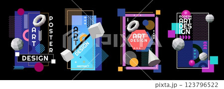 Abstract design elements. Graphic logo, banner or shape layout, modern background or 3d collage cover. Geometric figures isolated on colorful glossy backdrop. Vector trendy frame 123796522