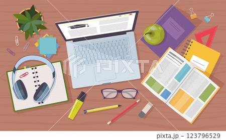 Desk top view. Office desktop. Student e-learning. Flat lay laptop for online education training in university class. Notepads and textbook. Computer keyboard. Vector workplace above 123796529