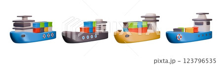 3D ship. Sea cargo. Logistic transport. Freight delivery vessel. International import. Ocean shipment warehouse. Commercial export. Box containers transportation. Vector marine boats set 3D ship. Sea cargo. Logistic transport. Freight delivery vessel. International import. Ocean shipment warehouse. Commercial export. Box containers transportation. Vector marine boats set 123796535