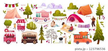 Camp festival. Summer tree, hike and tent, fun park event with truck or bus. Glamping activity with people family. Forest adventures. Cartoon flat style isolated illustration. Vector background Camp festival. Summer tree, hike and tent, fun park event with truck or bus. Glamping activity with people family. Forest adventures. Cartoon flat style isolated illustration. Vector background 123796536