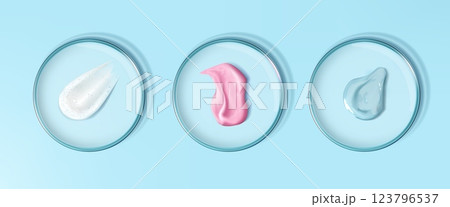 Petri dish. Serum on glass plate. Transparent texture on gel drop. Liquid flow of cosmetic cream. Laboratory glassware. Lab sample top view. Dermatology test. Vector 3D objects set Petri dish. Serum on glass plate. Transparent texture on gel drop. Liquid flow of cosmetic cream. Laboratory glassware. Lab sample top view. Dermatology test. Vector 3D objects set 123796537