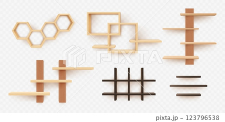 Wood shelf. 3D furniture. Rack different shapes. Shelves hanging on wall. Book stand. Wooden shelving. Realistic bookshelf. Hexagon and square frame. Vector isolated interior objects set 123796538