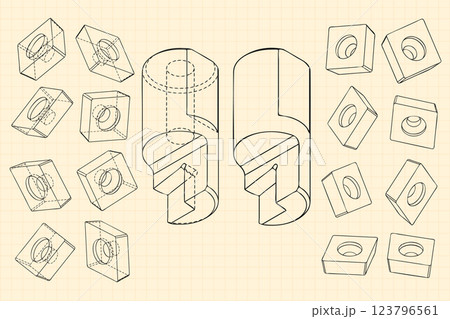 Mechanical engineering drawings on sepia background. Cutter, assembly tool with replaceable multi-faceted plate. Technical Design. Cover. Blueprint. Vector illustration. 123796561