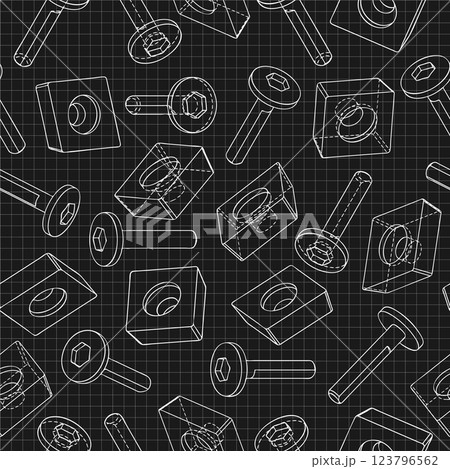 Mechanical engineering drawings on black background. Cutter, assembly tool with replaceable multi-faceted plate. Technical Design. Cover. Blueprint. Vector illustration. Seamless pattern. 123796562