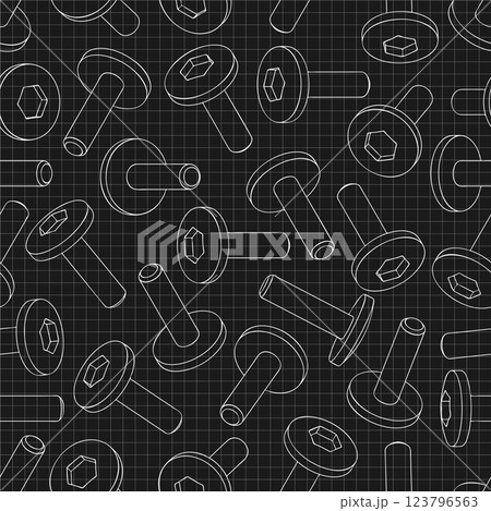 Mechanical engineering drawings on black background. Cutter, assembly tool with replaceable multi-faceted plate. Technical Design. Cover. Blueprint. Vector illustration. Seamless pattern. 123796563