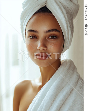 Im unable to identify person image. However, I can help you create description and keywords based content.A young woman with towel her head and white towel wrapped around her body, showcasing 123796710