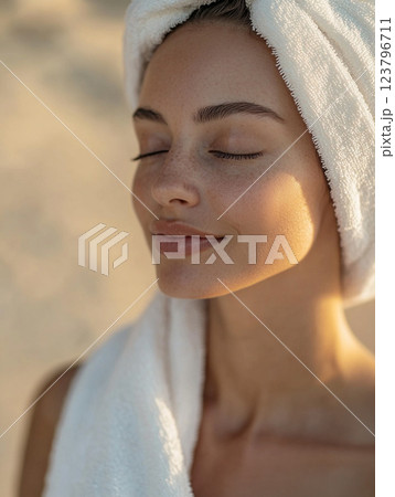 serene woman with closed eyes, wrapped in white towel, enjoying moment of relaxation. Her natural beauty shines through with soft lighting and calm expression 123796711