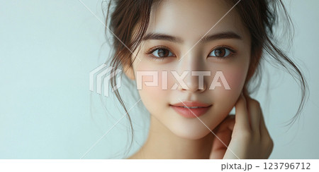 close up portrait of young woman with soft features, glowing skin, and expressive eyes, conveying sense of beauty and serenity. Her hair is styled loosely, enhancing her natural look 123796712