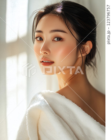 serene portrait of woman with natural makeup, soft lighting, and cozy atmosphere. Her expression conveys calmness and beauty 123796757
