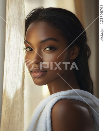 serene portrait of woman with glowing skin, framed by soft curtains, exuding natural beauty and tranquility 123796768