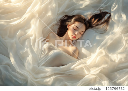 serene portrait of woman with flowing hair, wrapped in soft white fabric, exuding tranquility and beauty. gentle light enhances delicate atmosphere serene portrait of woman with flowing hair, wrapped in soft white fabric, exuding tranquility and beauty. gentle light enhances delicate atmosphere 123796782