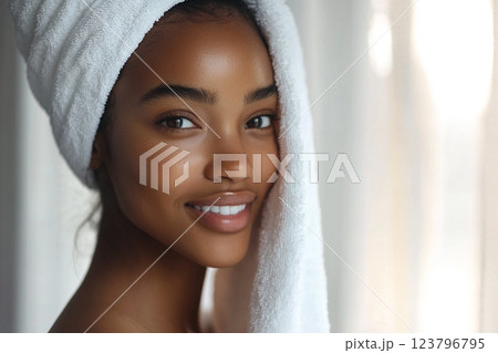 woman with towel on her head smiles softly, showcasing her radiant skin and natural beauty. warm lighting enhances her features, creating serene atmosphere woman with towel on her head smiles softly, showcasing her radiant skin and natural beauty. warm lighting enhances her features, creating serene atmosphere 123796795
