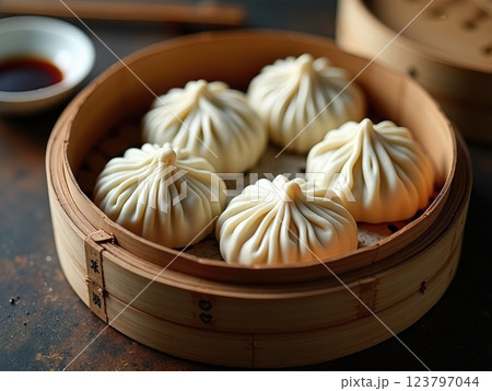 Traditional Hand-Pleated Shanghai-Style Steamed Baozi Dumplings in Artisanal Bamboo Steamer with Accompanying Condiments A Study in Culinary Craftsmanship 123797044