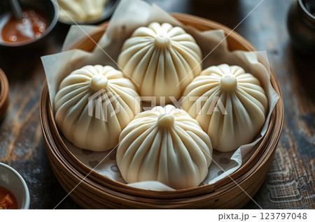 Traditional Hand-Pleated Shanghai-Style Steamed Baozi Dumplings in Artisanal Bamboo Steamer with Accompanying Condiments A Study in Culinary Craftsmanship 123797048