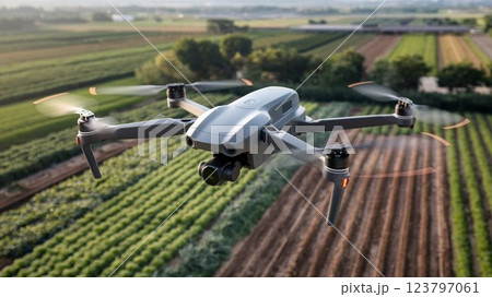 【16:9版】ドローン画像　大規模農場で害虫を探すドローン　4本アーム　白　黒　グレー　シルバー 123797061