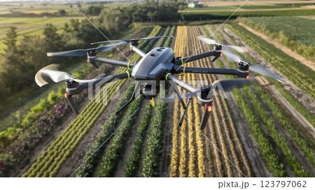 【16:9版】ドローン画像 大規模農場で害虫を探すドローン 6本アーム 白 黒 グレー シルバー 【16:9版】ドローン画像 大規模農場で害虫を探すドローン 6本アーム 白 黒 グレー シルバー 123797062