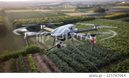 【16:9版】ドローン画像　大規模農場で害虫を探すドローン　4本アーム　白　黒　グレー　シルバー 123797064