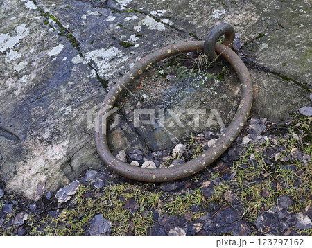 An old, rusty iron ring is embedded in a weathered rock surface, surrounded by patches of moss and scattered fallen leaves An old, rusty iron ring is embedded in a weathered rock surface, surrounded by patches of moss and scattered fallen leaves 123797162