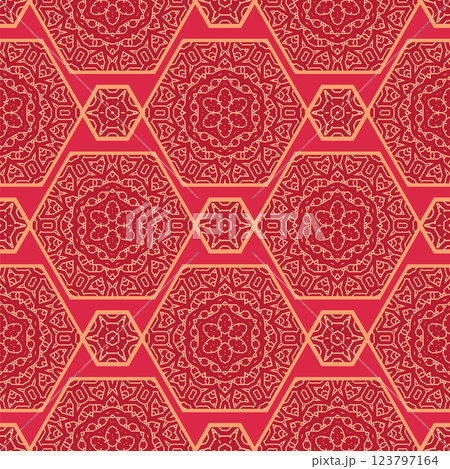 Vector Japanese seamless pattern in oriental geometric traditional style. Festive ornament for lunar chinese new year decoration. Red and golden asian creative motif. Abstract Hexagons 123797164
