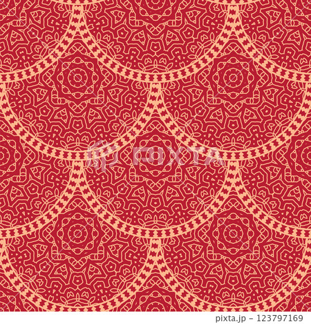 Vector Japanese seamless pattern in oriental geometric traditional style. Festive ornament for lunar chinese new year decoration. Red and golden asian creative motif. Abstract Waves and Circles 123797169