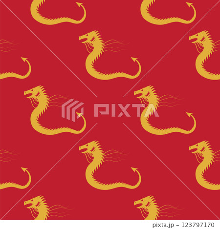 Vector Chinese folklore gold Dragon seamless pattern suitable for Chinese New Year. Symbol of Chinese mythology. Magic reptile. Traditional monster of China. Chinese zodiac icon. Fantasy animal 123797170