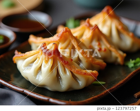 Traditional Asian Steamed Japanese GYOZA  with Soy Dipping Sauce on Fresh Lettuce Leaves A Culinary Still Life 123797257