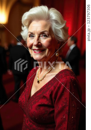 portrait of a beautiful, smiling, well-groomed elderly woman in a red evening dress, elegant hairstyle with short gray hair, red theater interior on a blurred background 123797306