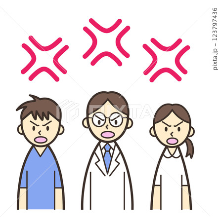 医療従事者3人と怒りマーク 123797436