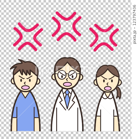 医療従事者3人と怒りマーク 123797436
