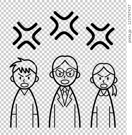 Line drawing of three medical workers and an angry mark Line drawing of three medical workers and an angry mark 123797437