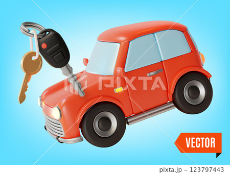 3d Red Car Hatchback Model and Keys Cartoon Design Style. Vector illustration of Purchase or Rental Concept 123797443
